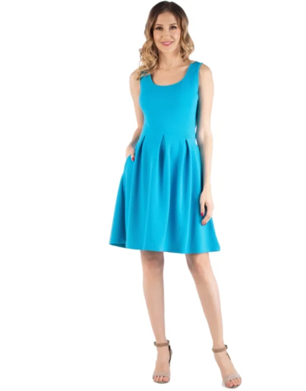 Maternity Scoop Neck Sleeveless Pleated Soft Flare Knee Length Pocket Dress