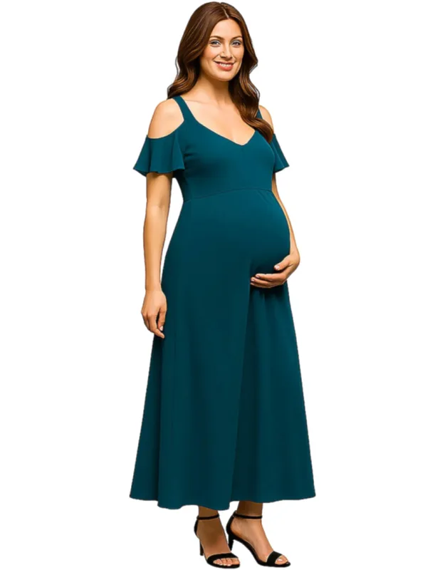 Maternity Scoop Neck Cold Shoulder Ruffle Sleeve A Line Maxi Dress