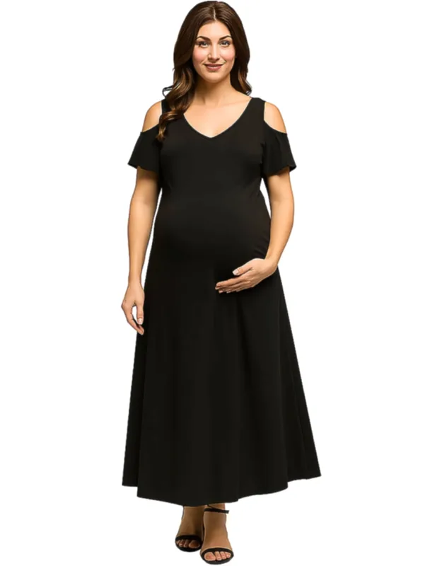 Maternity Scoop Neck Cold Shoulder Ruffle Sleeve A Line Maxi Dress