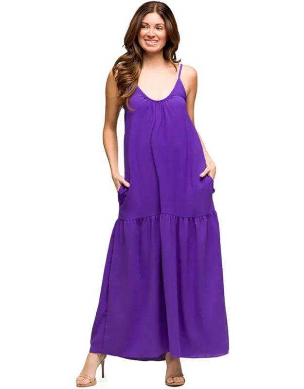 Maternity Scoop Neck Spaghetti Strap Pocket Maxi Dress With Lightweight Fabric And Hidden Side Pockets