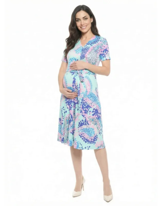 Maternity Abstract V Neck Short Sleeve A Line Midi Dress