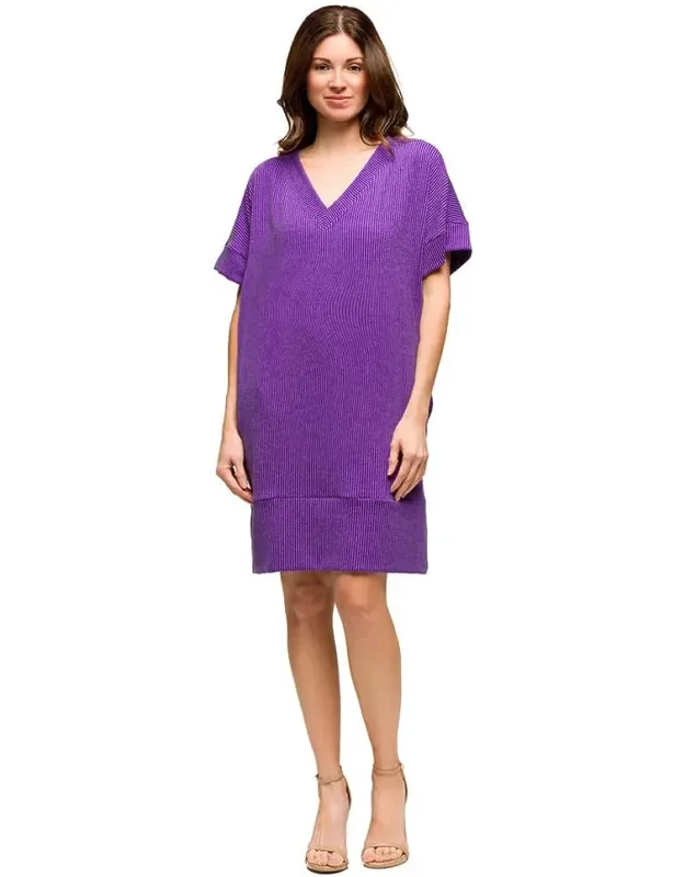 V Neck Loose Fit Short Sleeve Pocket T Shirt Dress - Soft Breathable Fabric, Hidden Pockets