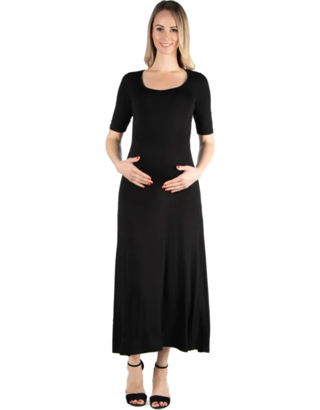 Maternity Scoop Neck Elbow Sleeve A Line Maxi Dress