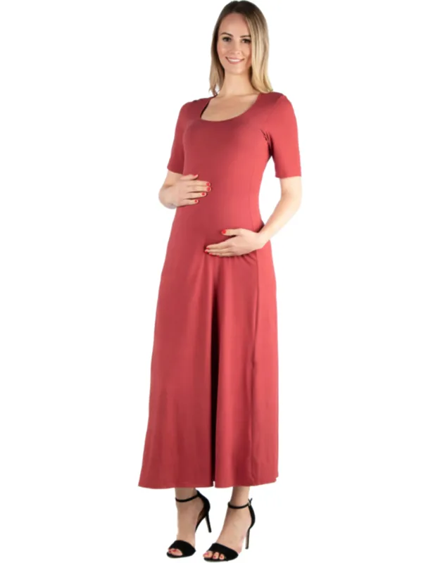 _maxi Dress With Scoop Neckline And Elbow Sleeves_