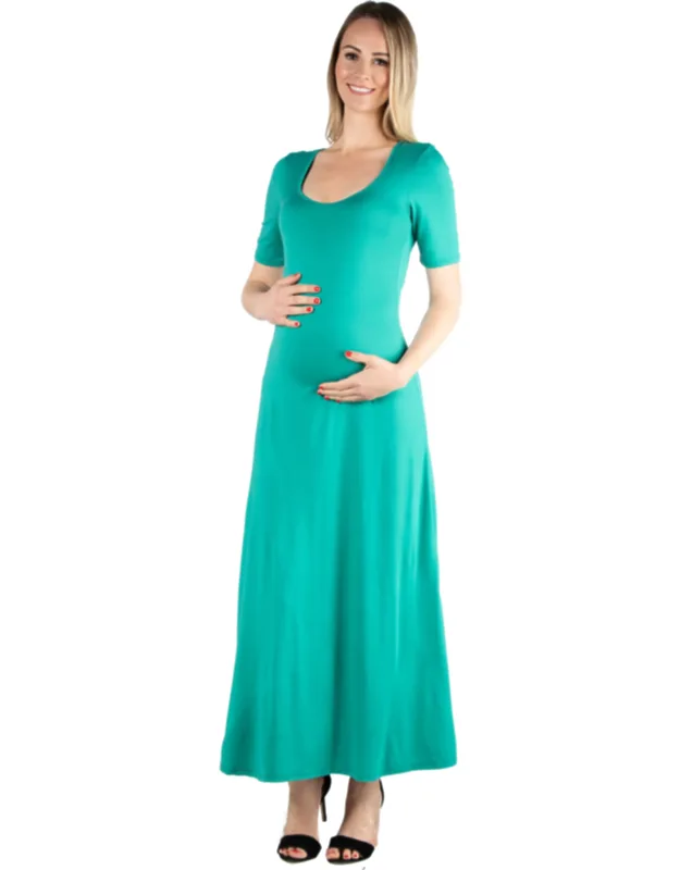 Maternity Scoop Neck Elbow Sleeve A Line Maxi Dress