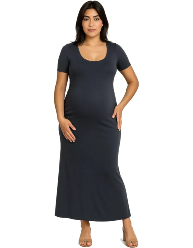 Maternity Scoop Neck Elbow Sleeve A Line Maxi Dress