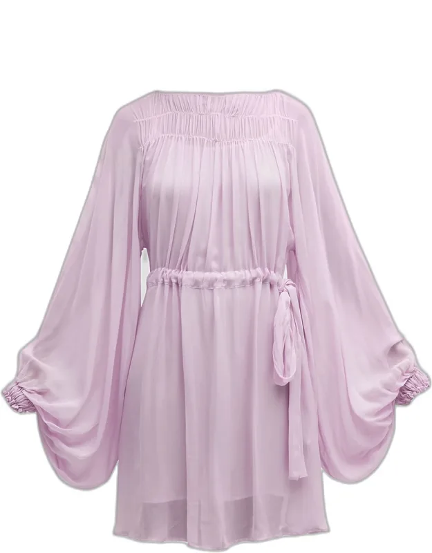 Pleated Poet-sleeve Dress