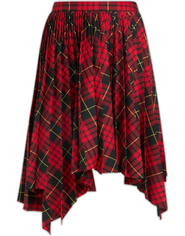 Asymmetric Tartan Pleated Midi Skirt