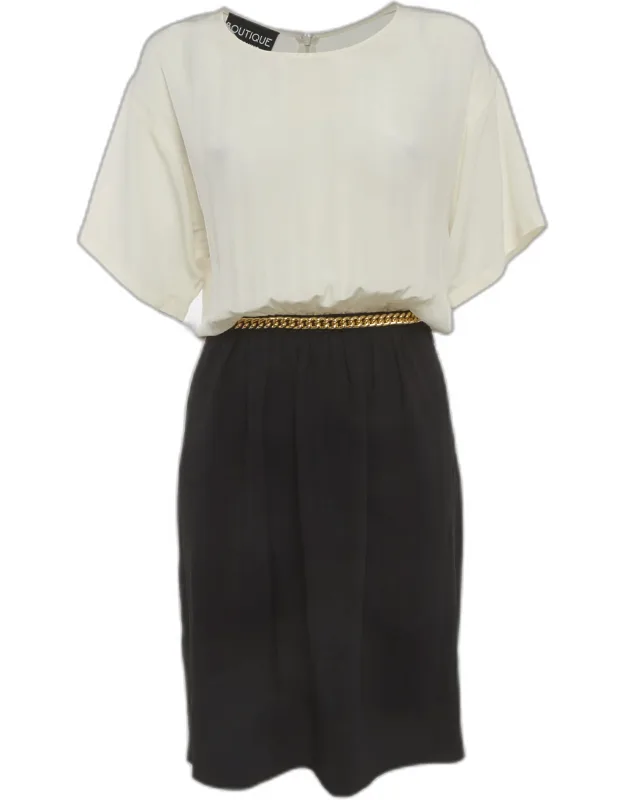 Cream/black Crepe Chain Detail Midi Dress