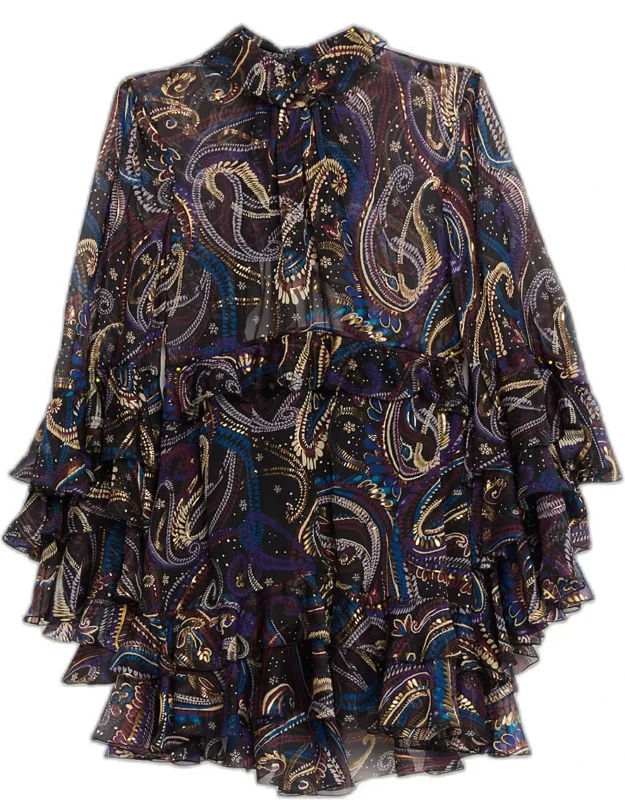 Ruffle Paisley Chiffon Backless Mini Dress