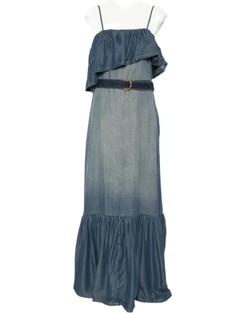 Ruffled Belted Denim Maxi Dress