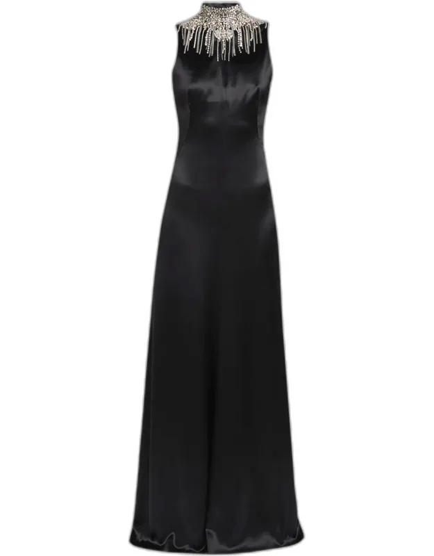 Chain Mail Turtleneck Satin Backless Evening Dress