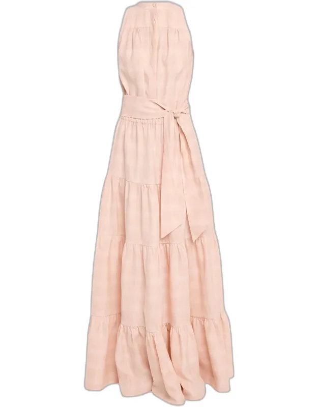 Tiered Check Linen Belted Sleeveless Maxi Dress