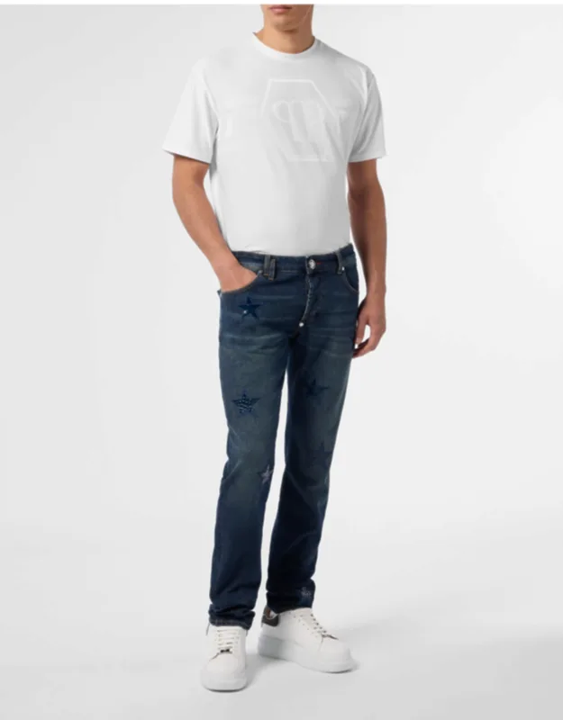 Super Straight Cut Jeans With Stone Washed Denim And Star-shaped Croco-skin Patches