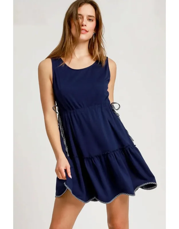 Frill Drawstring Waist Round Neck Mini Tank Dress