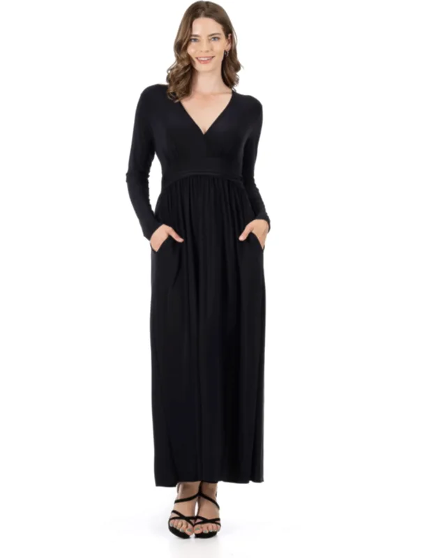 Long Sleeve V Neck Pleated Empire Waist Side Slit Maxi Dress With Functional Pockets And Soft Stretch Fabric