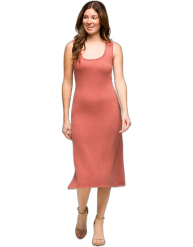 Ribbed Knit Scoop Neck Sleeveless Side Slit Fitted A Line Midi Dress, Soft Stretch Fabric, Machine Washable