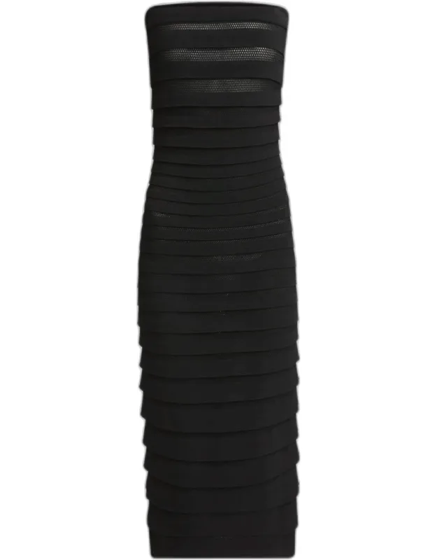 3d Stripe Mesh Knit Strapless Midi Dress