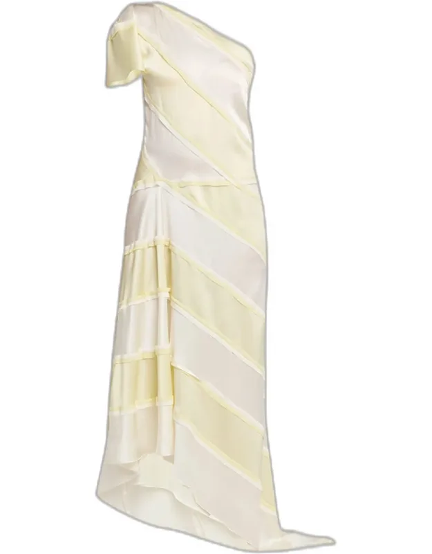 Striped Asymmetric Silk One-shoulder Maxi Dress