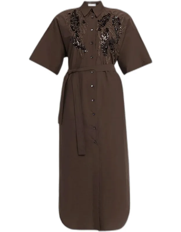 Sequin Embroidered Cotton Poplin Midi Shirtdress