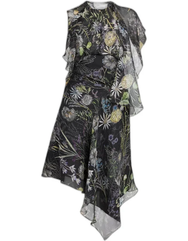 Floral-print Asymmetric Ruffle Midi Dress