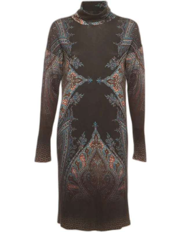 Multicolour Paisley Print Knit Turtle Neck Mini Dress