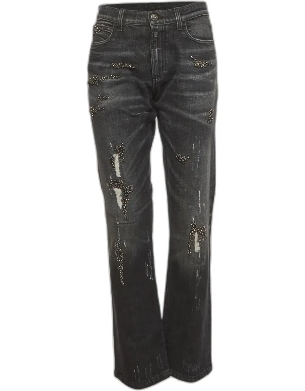 Embellished Distressed Denim Jeans