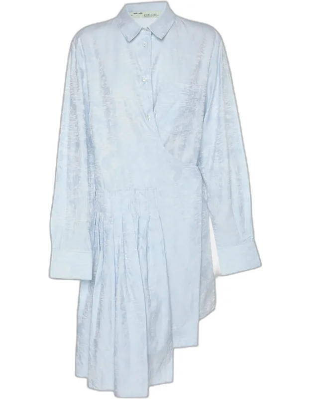 Light Blue Jacquard Belted Pleated Shirt Dress