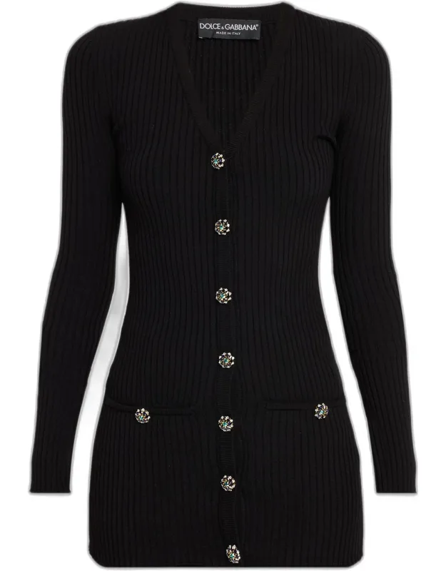 Crystal-button Slim Wool Rib V-neck Cardigan
