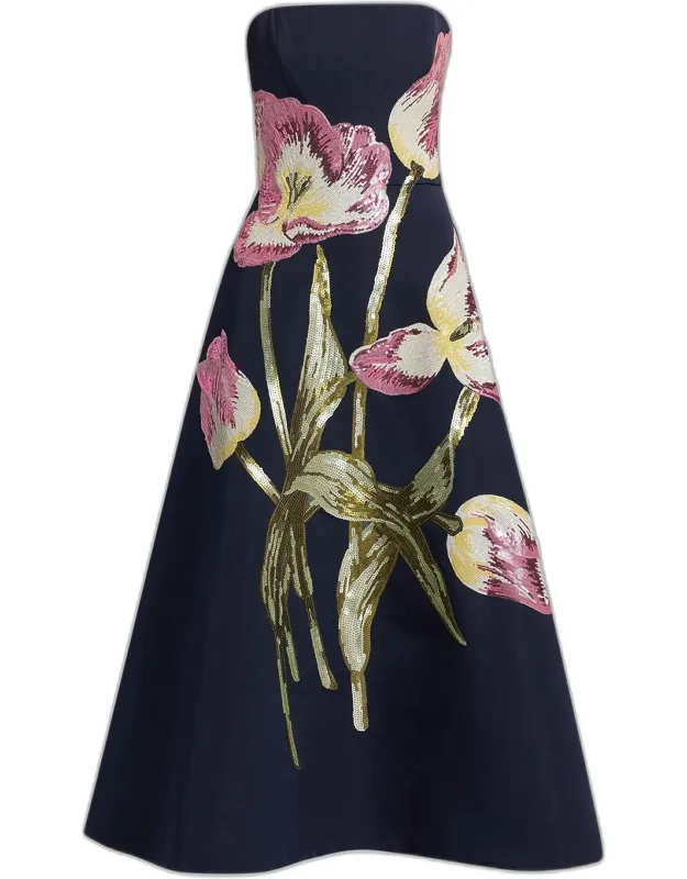 Floral Sequined Strapless Midi Cocktail Dress