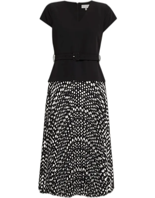 Pleated Polka Dot Midi Dress