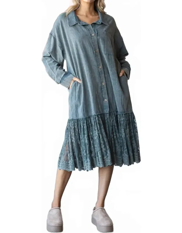 Ruffled Hem Washed Denim Button Dress