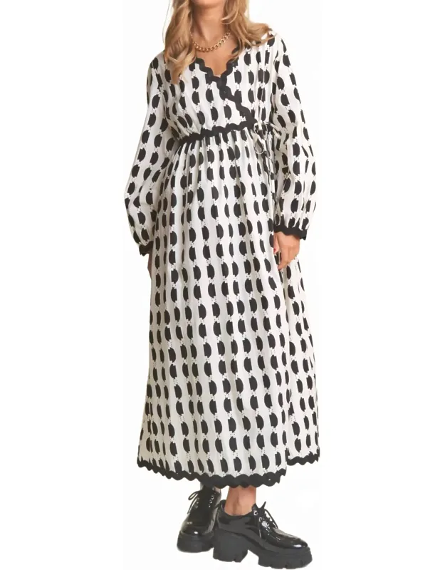 Spots Pattern Wavey Trim Midi Dress