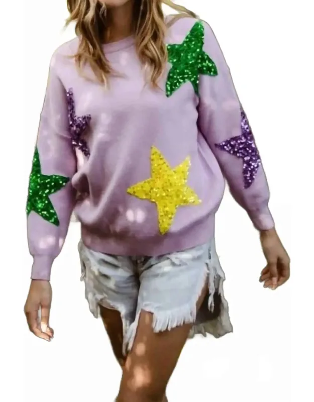 Sequin Velvet Star Patches Mardi Gras Sweater