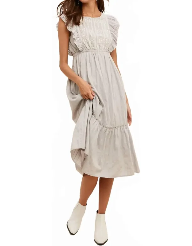 Eyelet Flutter Sleeve Embroidered Midi Dress