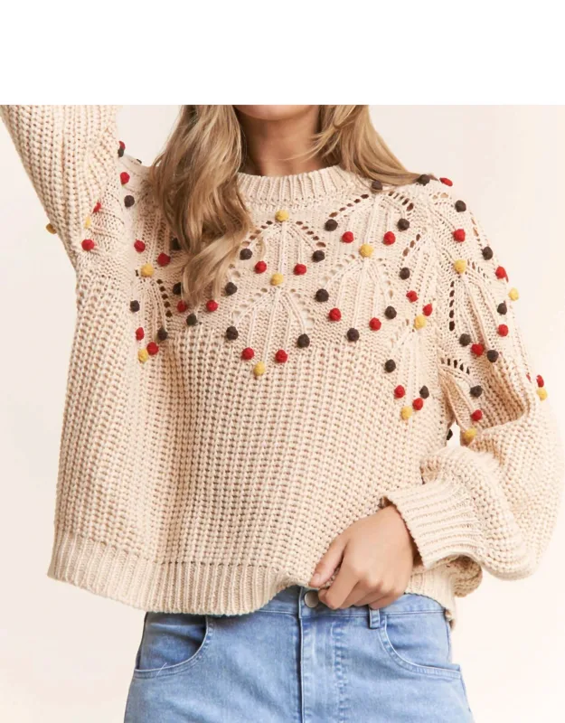 Eyelet Cable Knit Pompom Sweater Top