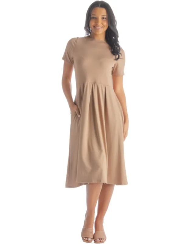 24seven Comfort Apparel Short Sleeve Boat Neck Pleated Flared Midi Dress, A-line Silhouette, Soft Stretchy Fabric
