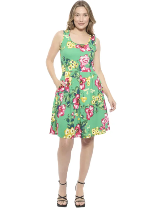 Floral Sleeveless Pleated Pocket Fit And Flare Dress