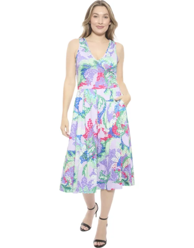 Abstract V-neck Sleeveless Pleated Pocket Midi Fit And Flare Dress