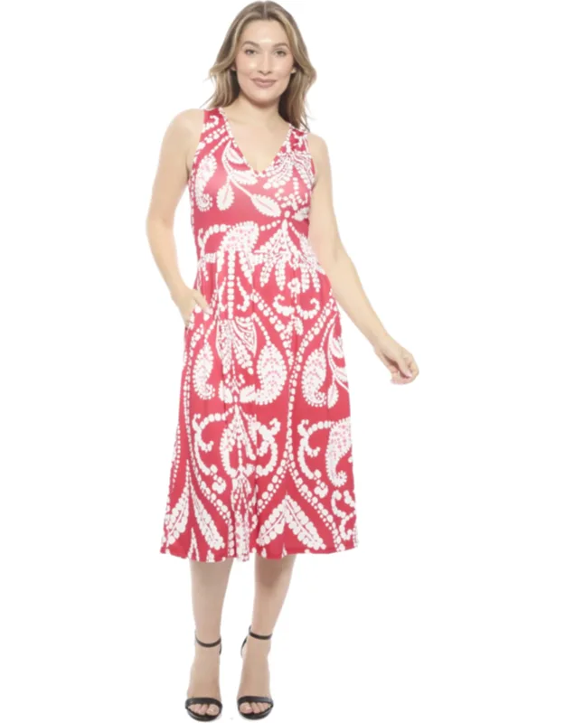 Paisley V Neck Sleeveless Pleated Pocket Midi Fit And Flare Dress
