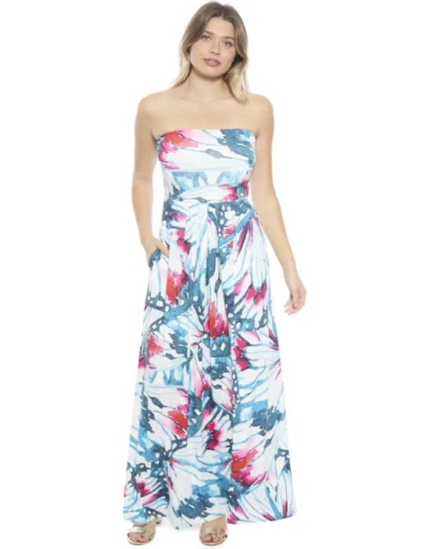 Butterfly A-line Strapless Pocket Maxi Dress