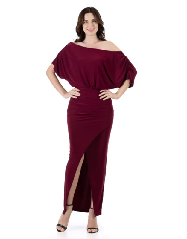 Boat Neck Batwing Sleeve Bodycon Front Slit Maxi Dress With Convertible Elastic Neckline And Soft Stretch Fabric
