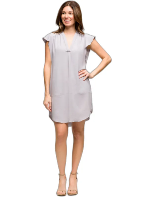 V Neck Cap Sleeve Round Hem Mini Pocket Shift Dress With Effortless Comfort And Chic Appeal