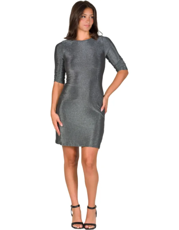 Round Neck Elbow Sleeve Bodycon Mini Party Dress, Soft Metallic Knit Fabric, Ruched Sleeves