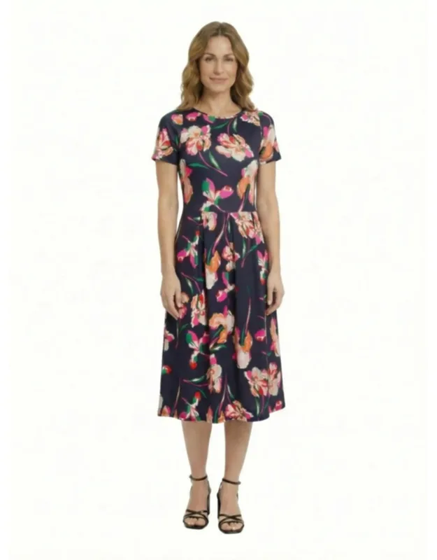 Petite Floral Print Short Sleeve Boat Neck Fit And Flare Pocket Midi Dress