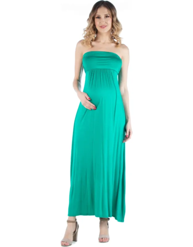 Strapless Empire Waist Ruched Detail Pleated Maxi Dress - Soft Stretch Fabric, Machine Washable
