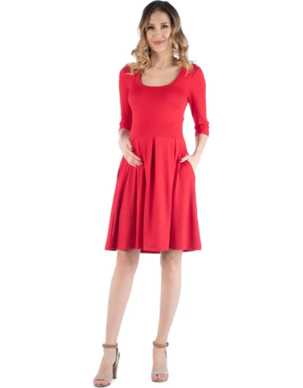 Maternity Scoop Neck Pleated Fit N Flare Pocket Mini Dress