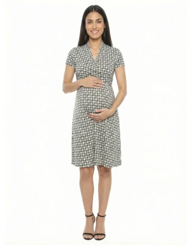 Maternity Geometric Short Sleeve Faux Wrap A Line Dress
