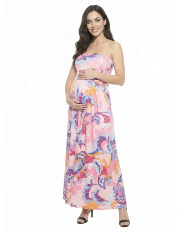 Maternity Abstract A Line Strapless Pocket Maxi Dress