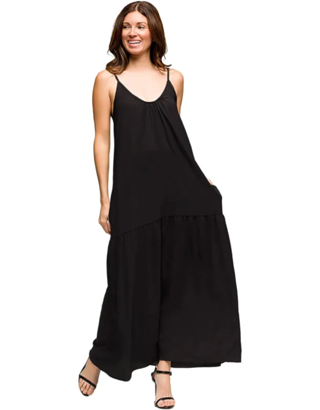 Maternity Scoop Neck Spaghetti Strap Pocket Maxi Dress With Lightweight Fabric And Hidden Side Pockets